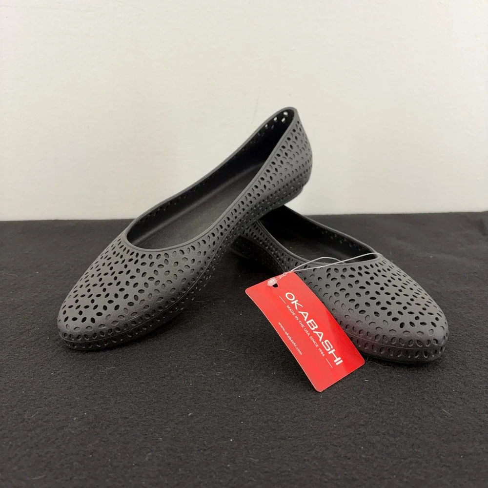 Okabashi Taylor Matte Black Perforated Ballet Flat Shoes Womens 9 USA Made Eco